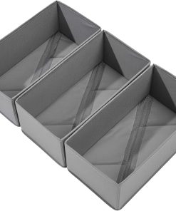 Bructhun Sock Drawer Organizer 3 Pack - Collapsible Fabric Storage Bins for Underwear Divider. Small Closet Organizers with 3 Compartments. Gray